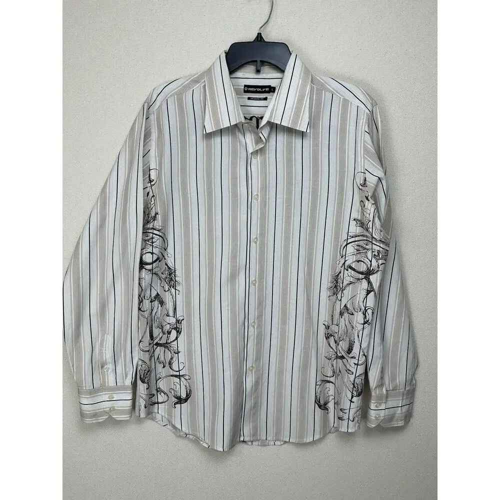 Revolve‎ Shirt Mens Tan Embellished Emroidered Button Long Sleeve Sz Lg Y2K